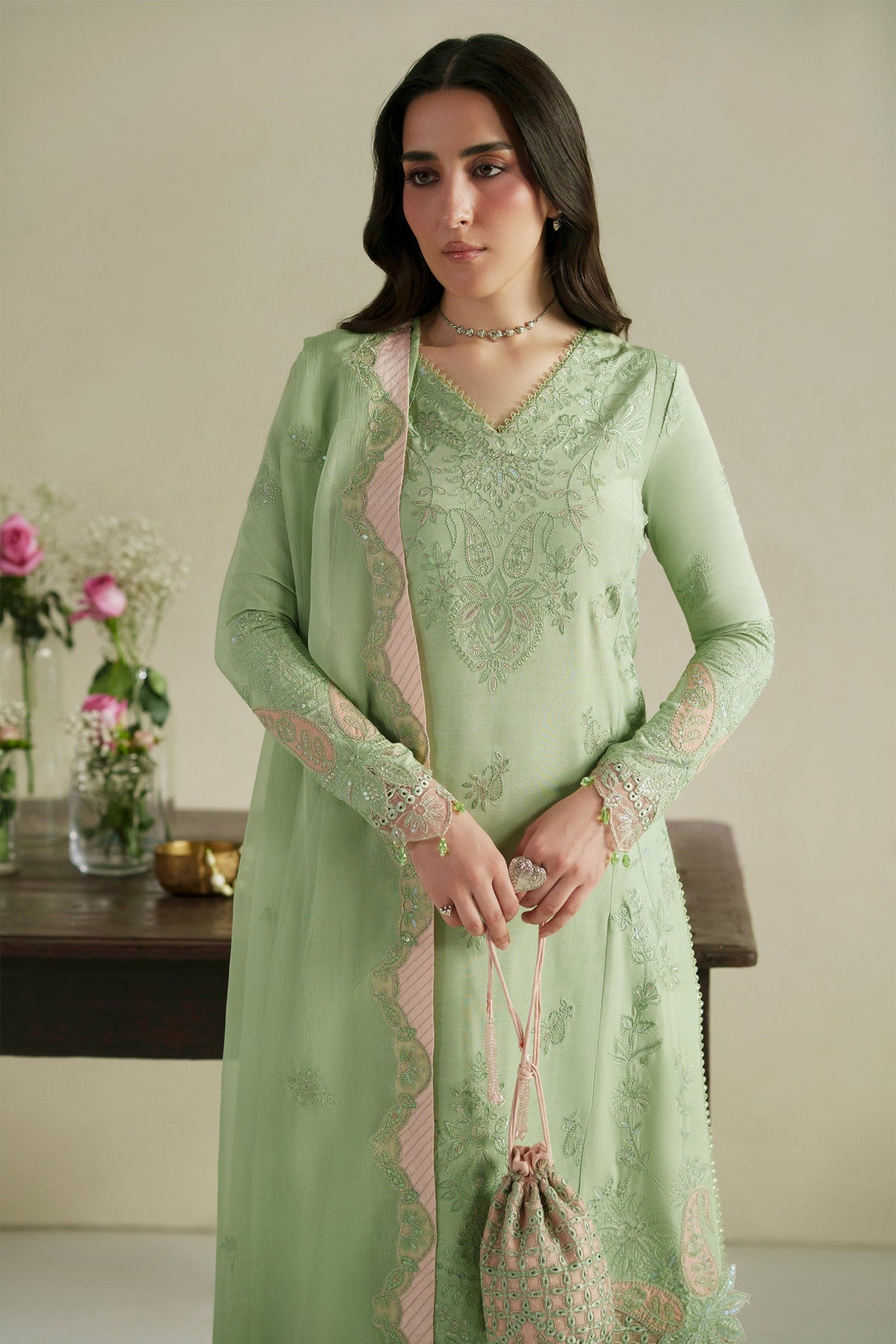 Gajra Mint Green Shirt Set | Raw Silk Edit'26 By Vera