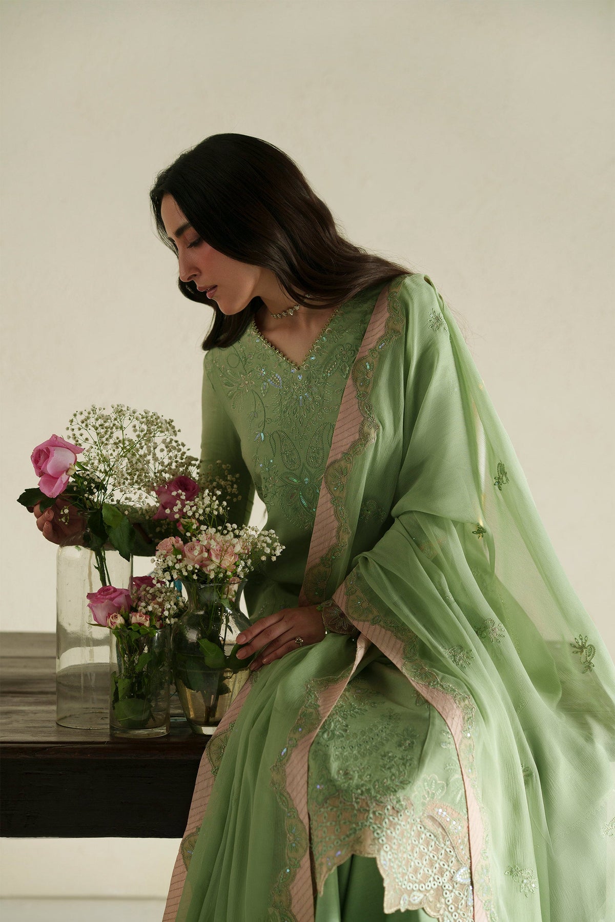 Gajra Mint Green Shirt Set | Raw Silk Edit'26 By Vera