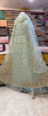 Luxury Hand Embellished Aqua Chiffon Bridal Maxi – Gold Work - Rabbani Cloth House