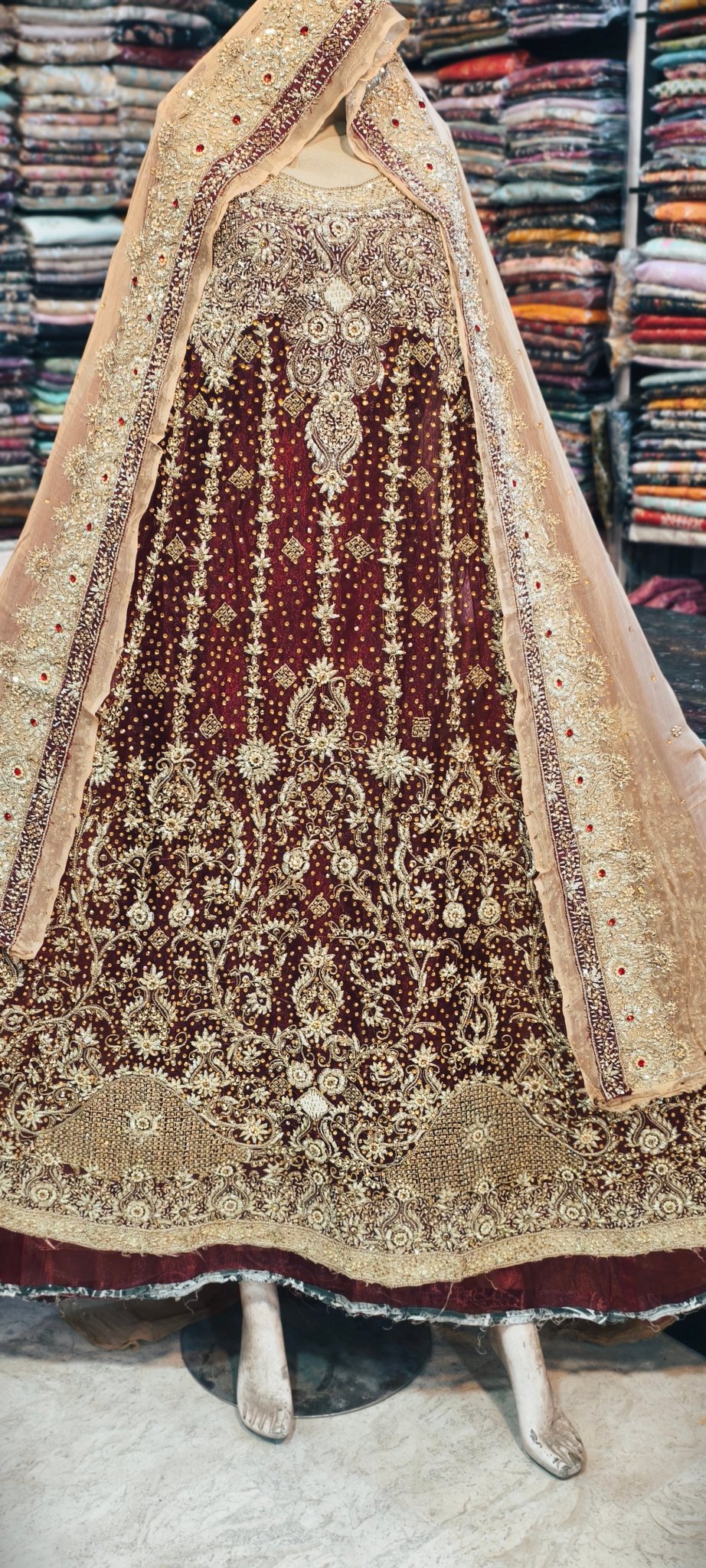 Luxury Maroon Velvet Bridal Lehenga with Hand Embellished Dupatta - Rabbani Cloth House