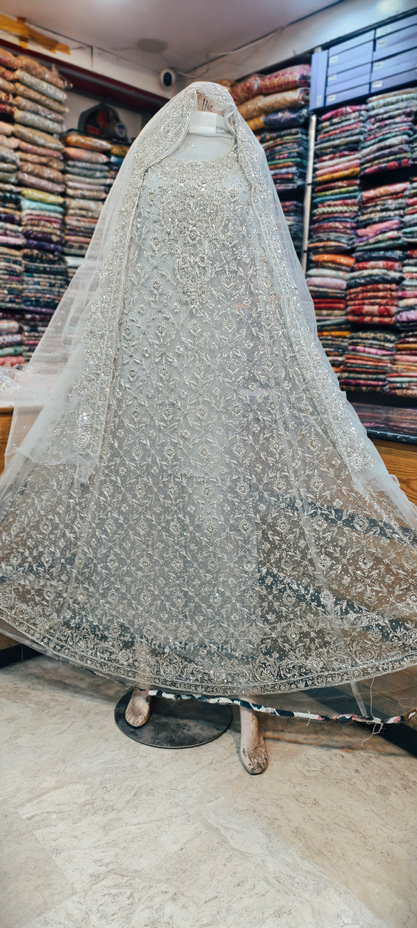 Luxury Hand Embellished Bridal Chiffon Maxi – Silver Work