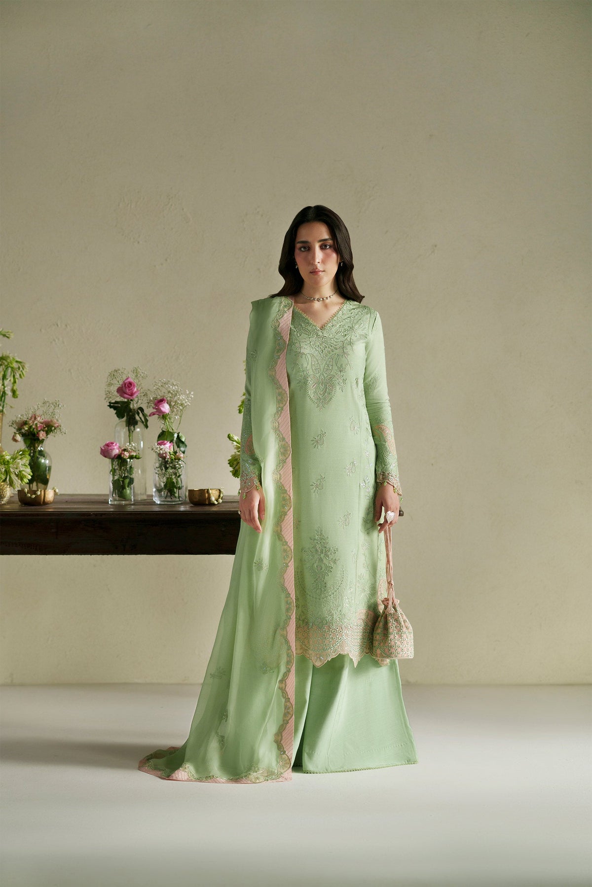 Gajra Mint Green Shirt Set | Raw Silk Edit'26 By Vera