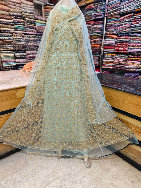 Luxury Hand Embellished Aqua Chiffon Bridal Maxi – Gold Work - Rabbani Cloth House