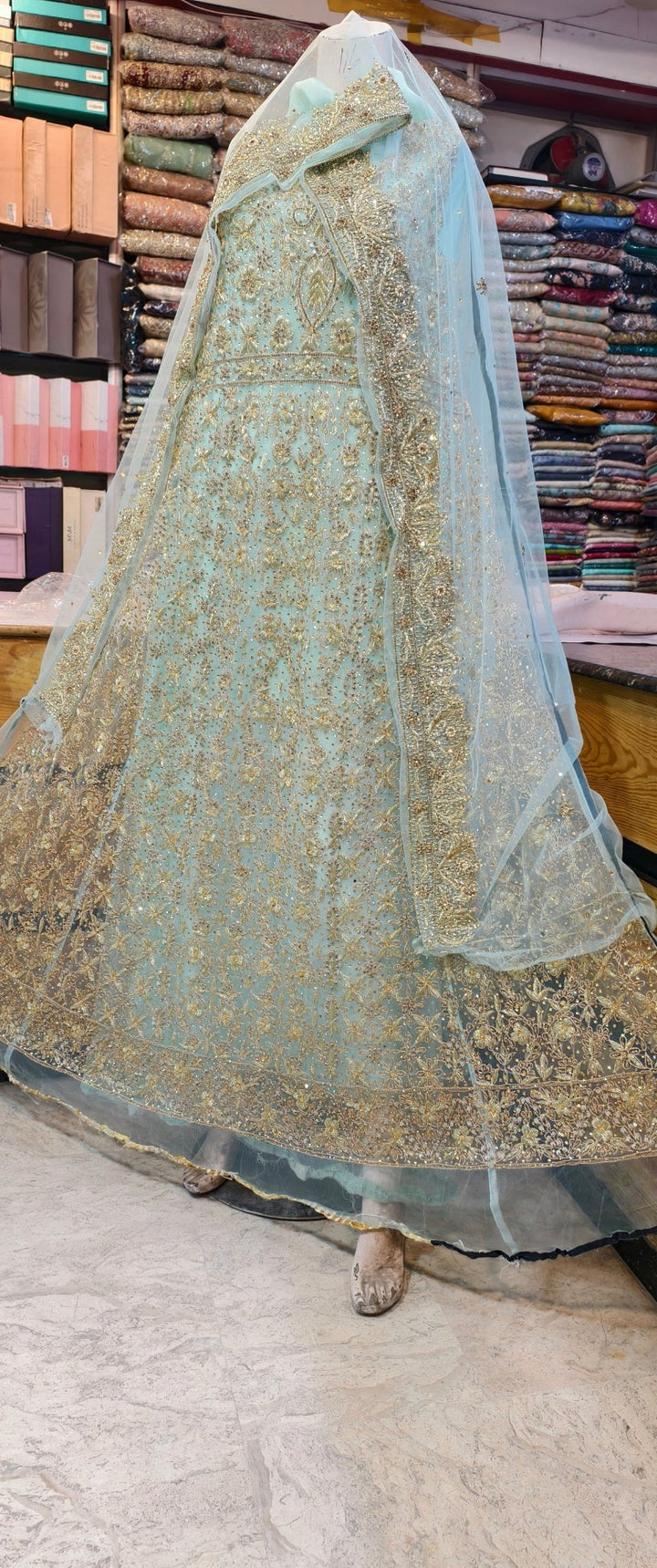 Luxury Hand Embellished Aqua Chiffon Bridal Maxi – Gold Work - Rabbani Cloth House
