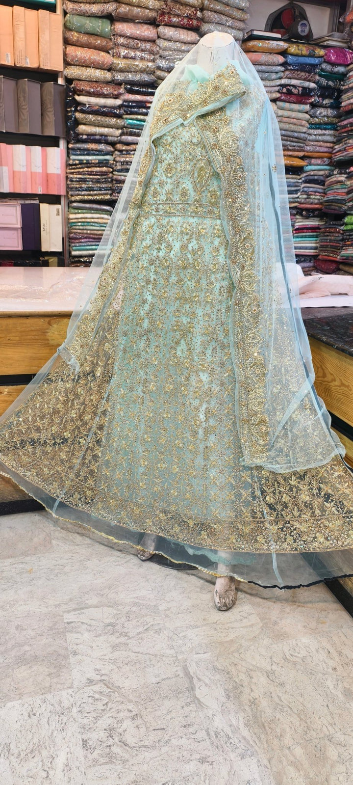 Luxury Hand Embellished Aqua Chiffon Bridal Maxi – Gold Work - Rabbani Cloth House