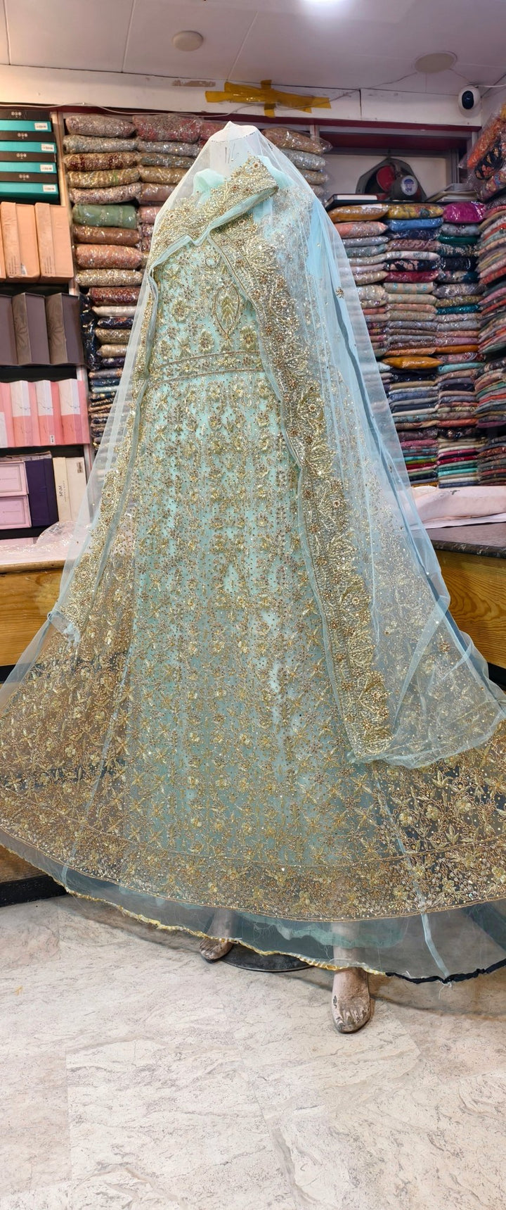 Luxury Hand Embellished Aqua Chiffon Bridal Maxi – Gold Work - Rabbani Cloth House