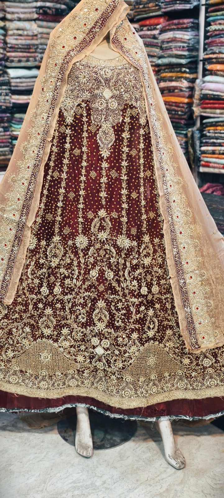Luxury Maroon Velvet Bridal Lehenga with Hand Embellished Dupatta - Rabbani Cloth House