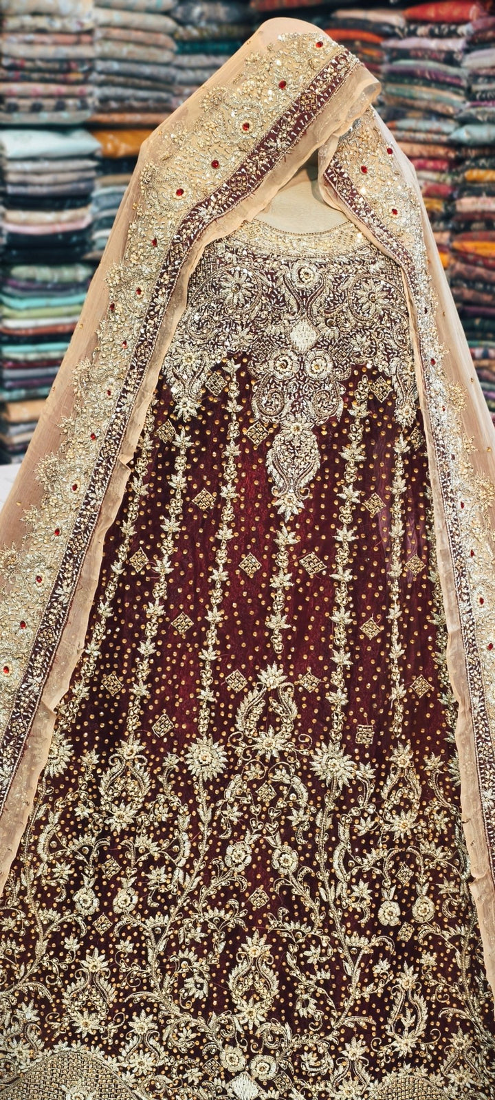 Luxury Maroon Velvet Bridal Lehenga with Hand Embellished Dupatta - Rabbani Cloth House
