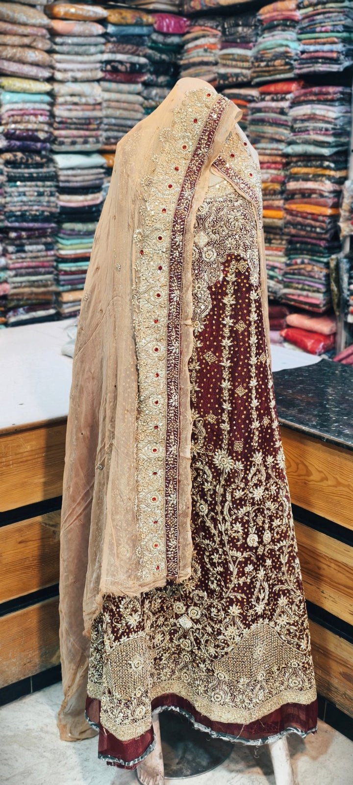 Luxury Maroon Velvet Bridal Lehenga with Hand Embellished Dupatta - Rabbani Cloth House