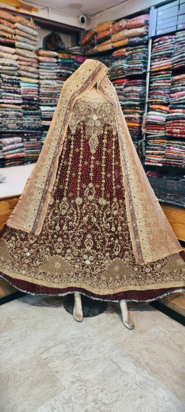 Luxury Maroon Velvet Bridal Lehenga with Hand Embellished Dupatta - Rabbani Cloth House