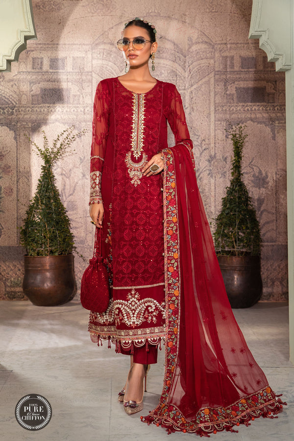 D1 Maria B Premium Red Chiffon Ensemble
